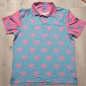 Chubbies Weekend Polo Shirt Mens L Blue/Pink Colorblock Palm Tree Performance
